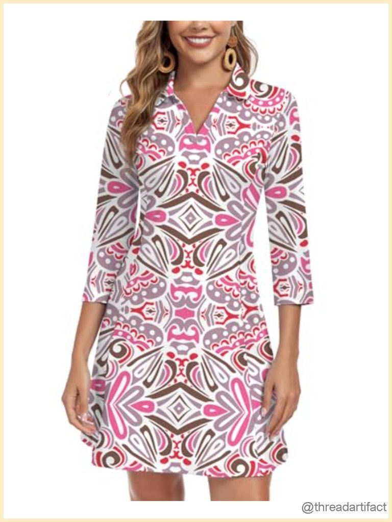 3/4 Sleeve V Neck Sun Dress With Pockets Quick Dry Upf 50+